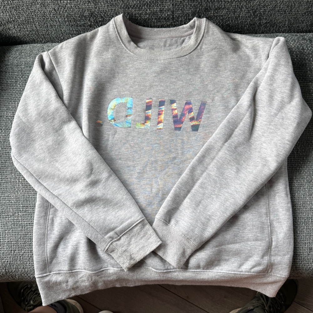Wildfang Heather Gray Sweatshirt with Holographic WILD.  Size Medium